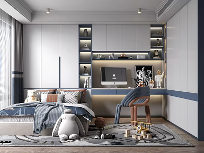 Tatami Bedroom with Storage Cabinets Computer Desk and Soft Decorative Items 3d model