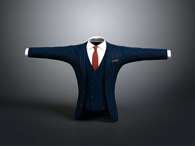 Classic Navy Blue Pinstripe Men's Suit With White Shirt And Red Tie Formal Attire 3d model