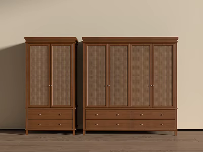 Vintage Solid Wood Wardrobe Sets With Rattan Woven Doors And Spacious Practical Bottom Storage Drawers 3d model