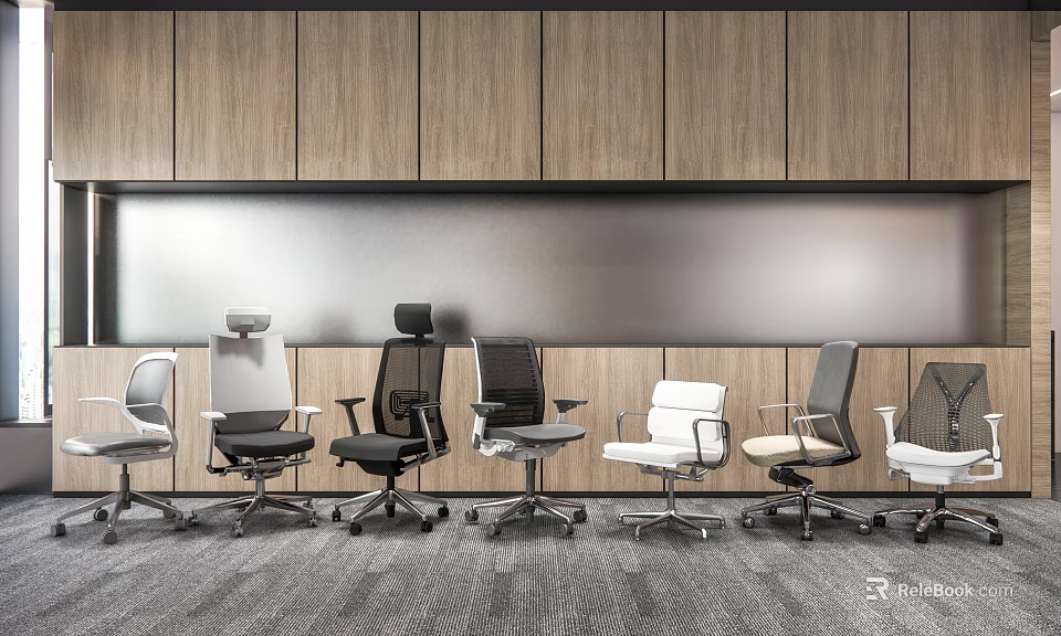 Various Modern Office Chairs With Different Colors Mesh And Leather Designs In Contemporary Office Setting 3d model 