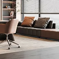 Modern Office Interior With Desk Two Pink Office Chairs Sofa Area And Bookshelf