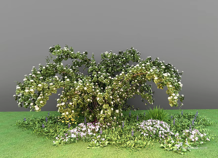 Lush Green Bush With White Flowers Surrounded By Purple And White Blooms On Green Grass 3d model 