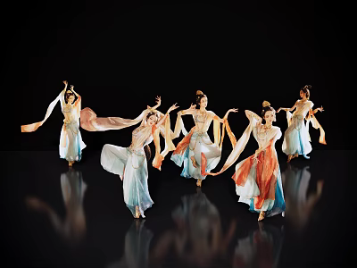 Women In Traditional Costumes Dancing With Flowing Sleeves Skirts On Black Background With Floor Reflections 3d model