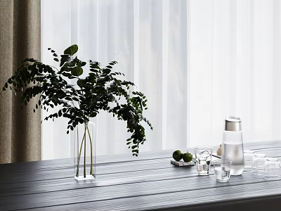 Fresh Green Foliage In Clear Glass Vase On Wooden Table With Water Bottle And Lemon 3d model