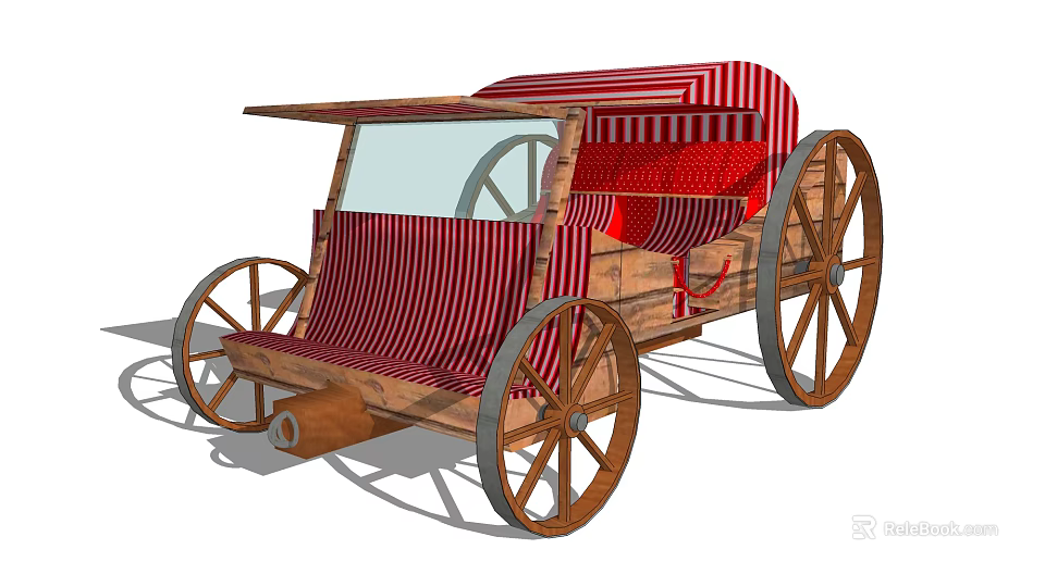 Vintage Wooden Horse-Drawn Carriage With Red White Striped Canopy Seats and Wheels 3d model 