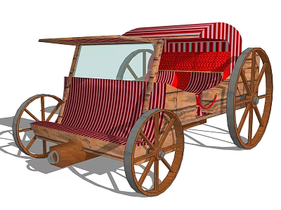 Vintage Wooden Horse-Drawn Carriage With Red White Striped Canopy Seats and Wheels 3d model