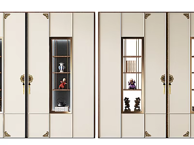 Chinese Style Decorative Cabinet With Mirrored Doors Golden Accents And Decorative Items 3d model