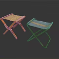 Two Foldable Stools Bamboo Metal Frames Crossed Legs Beige Blue Seats Brown Stripe