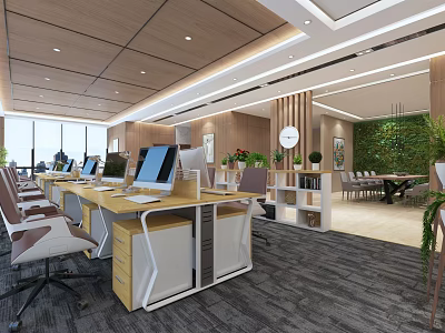 Modern Public Office Space Interior With Wooden Ceiling Large Windows Green Wall And Computer Workstations 3d model