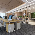Modern Public Office Space Interior With Wooden Ceiling Large Windows Green Wall And Computer Workstations