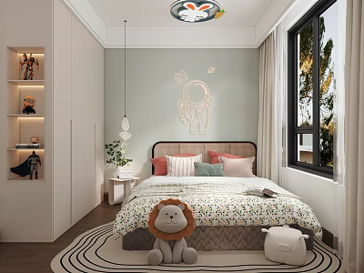 Cozy Kids Room Interior Design With Lion Plush Bed Decorative Rabbit Lamp And Round Rug 3d model