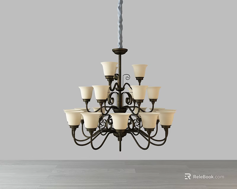 Classic Metal Chandelier With Multiple Glass Shades And Ornate Design Elements 3d model 