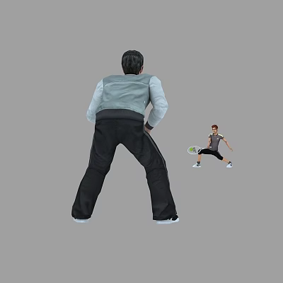 Man in gray top and black pants with another holding soccer ball in sports pose 3d model