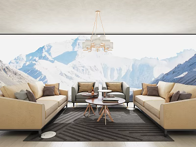 Beige Sofa Coffee Table Set With Mountain View Chandelier And Rug 3d model