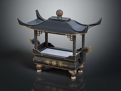 Traditional Chinese Pagoda Style Black Incense Burner With Carved Base And Gold Accents 3d model