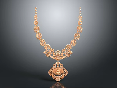 Elegant Golden Filigree Necklace With Intricate Design And Central Ornate Pendant 3d model