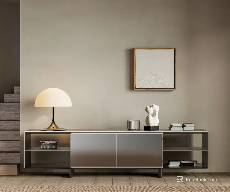 Modern Sleek TV Stand with Table Lamp Sculpture Books and Wall Art on Neutral Wall 3d model 