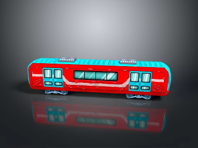Red And Blue Model Train With Windows And Doors On Reflective Surface 3d model