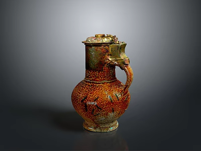Decorative Ceramic Household Item With Orange Green Textured Surface And Dragon Handle 3d model
