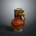 Decorative Ceramic Household Item With Orange Green Textured Surface And Dragon Handle