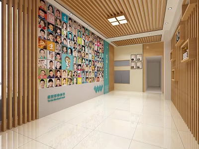 Bright Kindergarten Corridor With Children Photos Wall And Wooden Decor 3d model