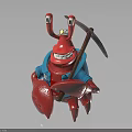 Red Crab Character Wearing Blue Coat Holding Pickaxe With Big Eyes Smiling