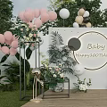 Outdoor Baby Baptism Party Decor With Pink White Balloons Green Plants And Flowers