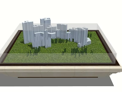 Miniature City Model Display with Green Grass and White High Rise Buildings 3d model