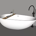 Freestanding White Bathtub with Black Faucet and Wooden Tray Holding Bath Products