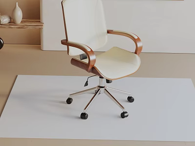 Modern White Leather Office Chair With Wooden Armrest And Swivel Rolling Wheels 3d model