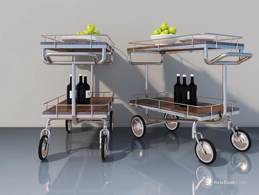 Swing Door Design With Modern Stainless Steel Trolleys Fruits And Wine Bottles 3d model 