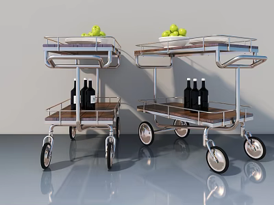 Swing Door Design With Modern Stainless Steel Trolleys Fruits And Wine Bottles 3d model