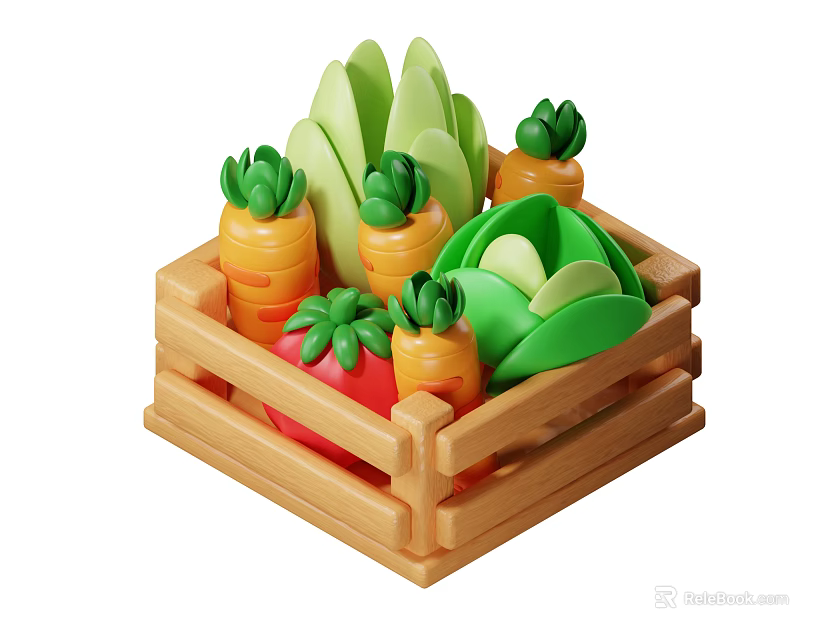 Colorful Toy Vegetables In Wooden Crate Including Carrots Cabbage And Tomato 3d model 