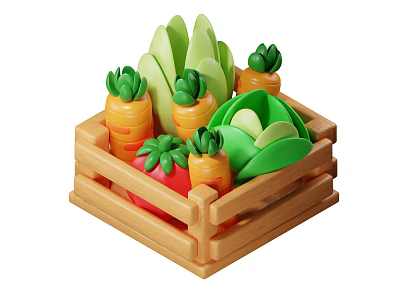 Colorful Toy Vegetables In Wooden Crate Including Carrots Cabbage And Tomato 3d model
