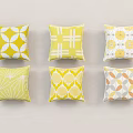 Six Decorative Yellow Pillows Featuring Various Geometric Patterns And White Details 3d model