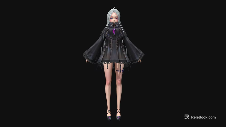 Woman With Silver White Hair Wearing Black Coat Long Sleeves Short Skirt High Heels 3d model 