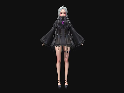 Woman With Silver White Hair Wearing Black Coat Long Sleeves Short Skirt High Heels 3d model