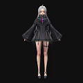 Woman With Silver White Hair Wearing Black Coat Long Sleeves Short Skirt High Heels