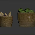 Fresh Vegetables and Fruits in Woven Baskets Displayed on Dark Background