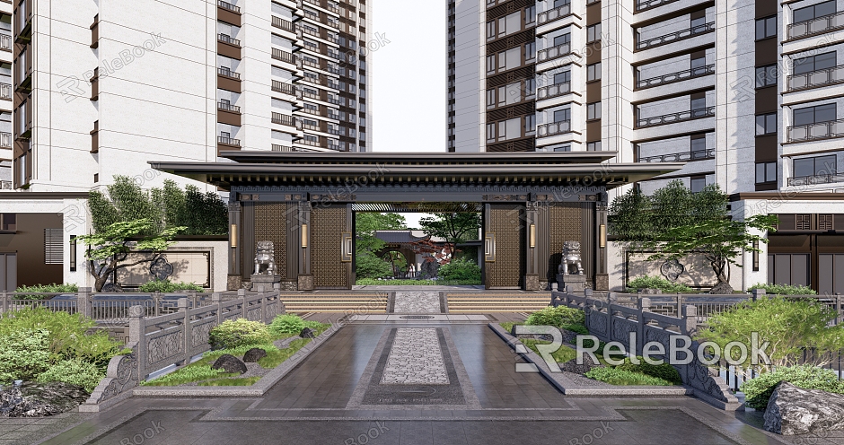 New Chinese-style Gate Residential District Main Entrance Entrance Gate House Entrance Gate Head Stone Bridge model