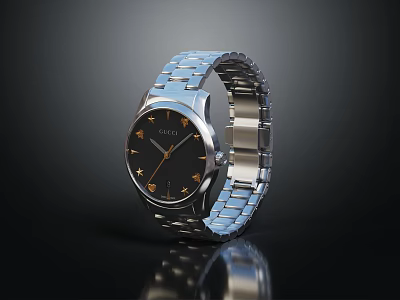 Stylish Modern Watch with Black Dial and Gold Hands on Silver Metal Strap 3d model