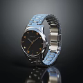Stylish Modern Watch with Black Dial and Gold Hands on Silver Metal Strap