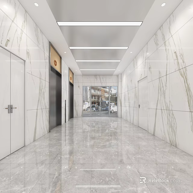 Modern Elevator Hallway Interior With Marble Walls Polished Floor And Ceiling Lights 3d model