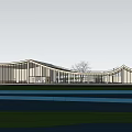 Modern Architectural Design With Curved Roof Circular Fountain And Green Lawn