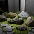 Natural Courtyard With Large Rocks Green Mossy Grass Gray Walls And Wooden Lantern