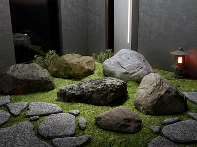 Natural Courtyard With Large Rocks Green Mossy Grass Gray Walls And Wooden Lantern 3d model