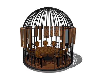 Birdcage Shaped Dining Table Set with Wooden Chairs and Circular Design 3d model