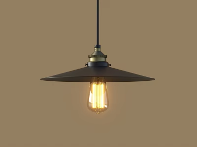 Vintage Black Metal Pendant Light With Brass Socket And Glowing Filament Bulb 3d model