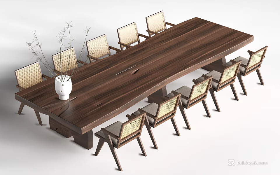Dark Wooden Dining Table Surrounded By Light Wooden Chairs White Vase Dried Branches 3d model 