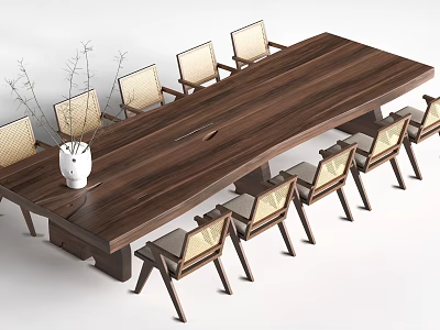 Dark Wooden Dining Table Surrounded By Light Wooden Chairs White Vase Dried Branches 3d model